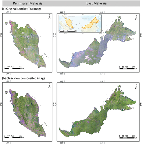 Figure 7. Remote sensing images used for mapping forest cover of the Malaysia in 2005: (a) the original Landsat TM/ETM+ images, (b) the clear view composited images of Peninsular Malaysia (left) and East Malaysia (right).