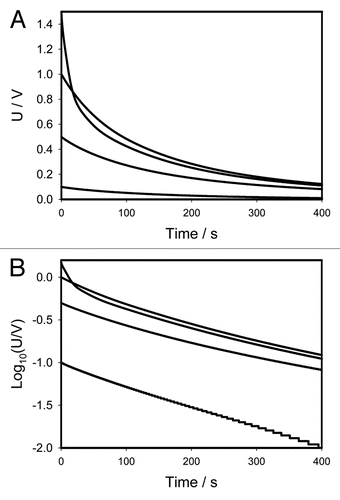 Figure 2 (A) Time dependence of electrical discharge in Mimosa pudica's pinna between electrodes connected to 47 µF charged capacitor (+ in a secondary pulvinus and − in a rachis) and an NI-PXI-4071 digital voltmeter. These results were reproduced 16 times. Location of Pt-electrodes is shown in Figure 1. (B) Time dependence of electrical discharge in the Mimosa pudica's pinna between electrodes in logarithmic coordinates. U is the capacitor voltage in volts.