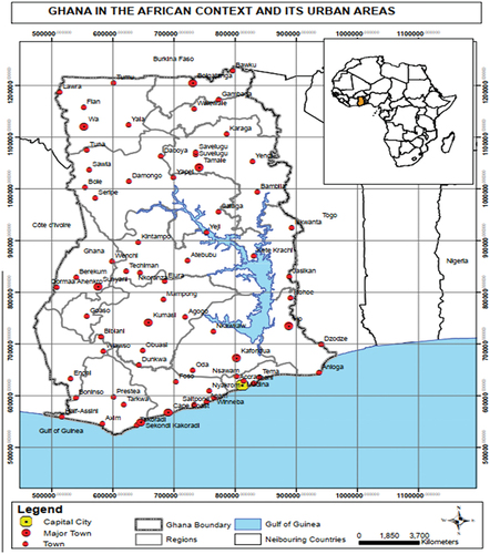 Figure 2. Ghana in the African context and its urban areas.