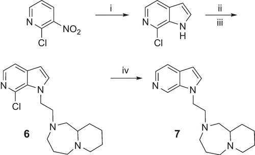 Scheme 2.  Reagents and conditions: (i) vinylmagnesium bromide, tetrahydrofuran (THF), −20°C, 8 h, 43%; (ii) 1,2-dibromoethane, Bu4NBr, 50% NaOH, room temperature (r.t.), 12 h, 89%; (iii) decahydropyrido[1,2-a][1,4]diazepine, K2CO3, KI, MeCN, 60°C, 12 h, 79%; (iv) H2, Pd/C, MeOH, r.t., 12 h, 74%.