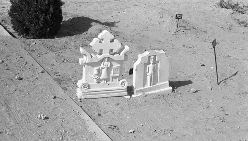 Figure 6. Two Mbali tombstones, situated in the graveyard formerly known as 'Cemitério Indígena de Moçâmedes', in present day Namibe. Source: Archive of the National Museum of Ethnology, Lisbon, series “Trabalhos de Capo Angola 1967 - António Carreira”, positive reproduction from the negative album “Negativos do dossier A-192 A-216”.