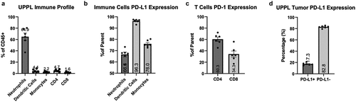 Figure 1. Immune profile of UPPL tumors and PD-L1/PD-1 expression within the tumor micro-environment. A. Percent of CD45+ of neutrophils, dendritic cells, monocytes, CD4+ T cells and CD8+ T cells (n=6) B. Percentage of cells expressing PD-L1 within their respective populations (neutrophils, dendritic cells, and monocytes). C. Percentage of cells expressing PD-L1 within CD4+ T cells and CD8+ T cells compartments. D. percentage of tumor cells (gated on CD45− cells) expressing PD-L1. Number of columns indicate mean frequency.