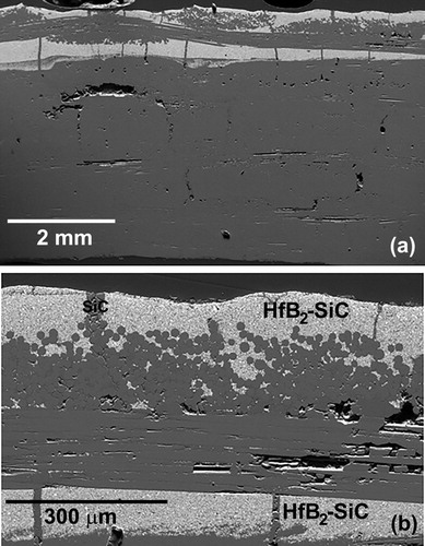 Figure 1. (a) Overview of the as processed SiC/SiC-HfB2 composite. (b) Magnified image of the surface showing the HfB2-SiC and SiC phases in the matrix.