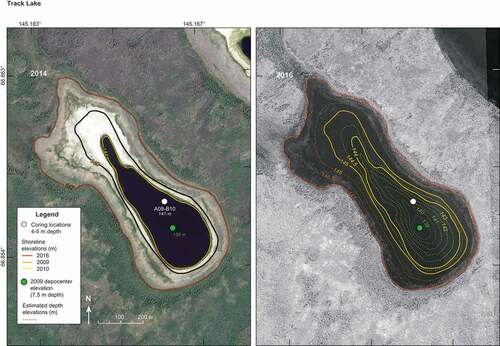 Figure 3. Track Lake is shown on imagery for April 2014 and July 2016 (Digital Globe WV02), with coring location (white circle symbols), estimated bathymetry (dashed colored lines), and shorelines (solid lines) from 2009 (orange), 2014 (yellow), and 2016 (red)