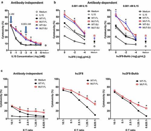 Figure 3. In vitro cytotoxicity by IL15-stimulated PBMCs. PBMCs from one healthy donor was cultured in vitro in medium either without (Medium) or with soluble IL15 or different IL15/IL15Rα complexes. After 72 hrs of culture, the PBMCs were harvested, re-adjusted in numbers and tested in an in vitro cytotoxicity (51Cr-release) assay against M14 human melanoma cells either in the absence or presence of different antibodies. Results are presented as percentage of tumor cell lysis (Mean + SEM, n = 3). * p < .01 when WT-complexes treatment groups were compared with MUT-complexes treatment groups at indicated concentration or E:T ratio, respectively. (a) Antibody-independent cytotoxicity titrated by IL15 concentrations. E:T ratio at 10:1. (b) Antibody-dependent cytotoxicity titrated by hu3F8 (middle panel) or hu3F8-BsAb (right panel). IL15 complexes concentration at 0.001 nM, and E:T ratio at 10:1. (c) Cytotoxicity titrated by E:T ratios. IL15 complexes concentration at 1 nM, and antibodies concentration at 0.01 ug/mL