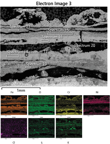 Figure 6. SEM micrograph with EDS maps of the scale on the NiCrFeSi HVOF coating after 1000h exposure.