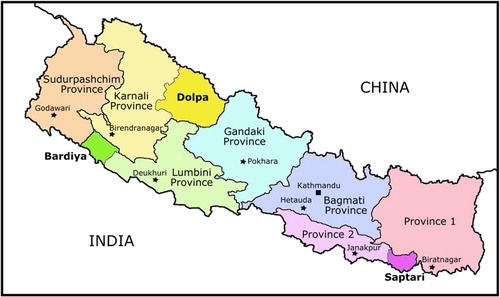 Figure 2. Map of Nepal showing new provincial boundaries (adapted by the authors from Ministry of Land Management, Cooperatives and Poverty Alleviation).Notes: This new map has been approved by the government after consultation with other political parties. It also reflects Nepal’s claim to a 370 square km strip in the far west region, which is disputed by India (see Shakya Citation2020).