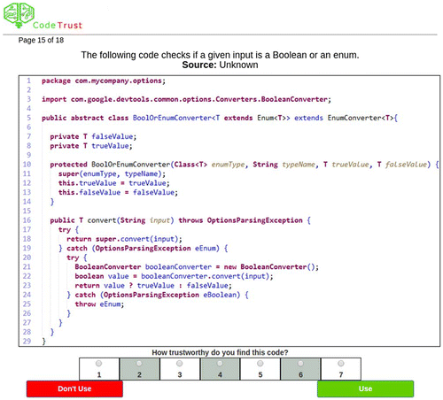 Figure 1. Example stimuli in trust in code testbed.