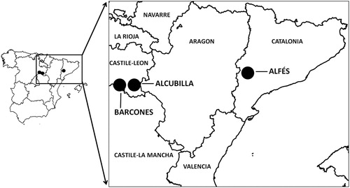 Figure 1. Location in northeast Spain of the three Dupont’s Lark populations surveyed during the breeding period of 2017.