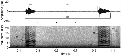 Figure 9. Acoustic parameters analyzed in the call of Rhipidomys albujai. Abbreviations correspond to: ND = Note Duration; IN = Interval between notes; CD = Call Duration; Min = Minimum Frequency; IH = Inharmonic partial; HR = Harmonics; Max = Maximum Frequency.