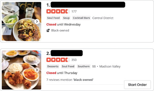 Figure 1 Two Black-owned restaurant listings on Yelp.