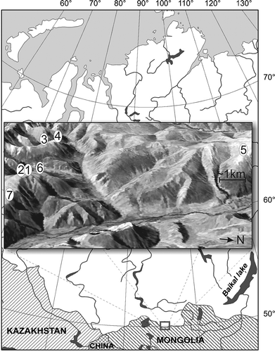 FIGURE 1 The area of investigation; the Sengilen ridge is located in Siberia's southern Altai-Sayan Mountains. Numbers 1 to 7 indicate study plots locations.