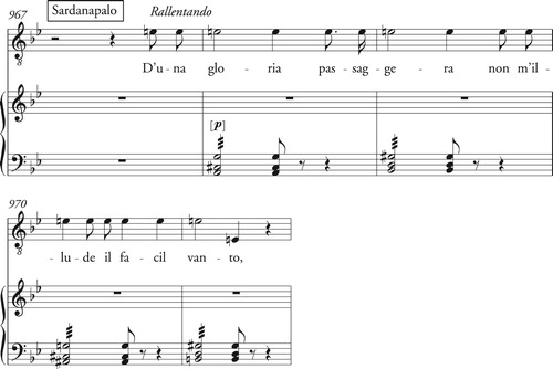 Example 3. Sardanapalo’s monotone recitation, Sardanapalo, bars 967–71. Edition © David Trippett.