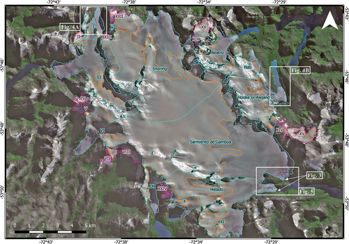 Figure 2. Glacier inventory (2020) displayed over a Sentinel-2 image from 31/03/2017 using a real color composition with the saturation enhanced using the near-infrared band. The turquoise outlines represent the 12 glaciers selected for the analysis of area changes (1945–2020) and thickness changes (2000–2014); the purple outlines correspond to the remaining glaciers of the Santa Inés Icefield; and orange lines are the 2017 ELA of each glacier.
