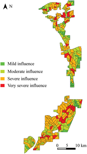 Figure 9. Evaluation result of the influence of mining on the geo-environment in the HMA.