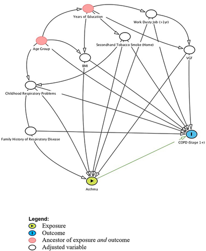 Figure 2 Directed Acyclic Graph (DAG) Illustrating the Relationship between Asthma and COPD among Never Smokers, BOLD Australia.