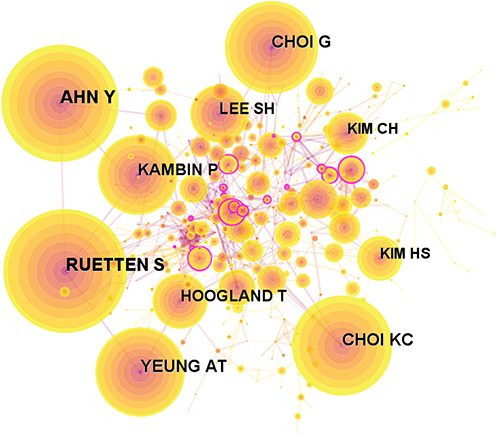 Figure 6 Map of cited authors related to PELD for lumbar disc herniation from 2013 to 2022.