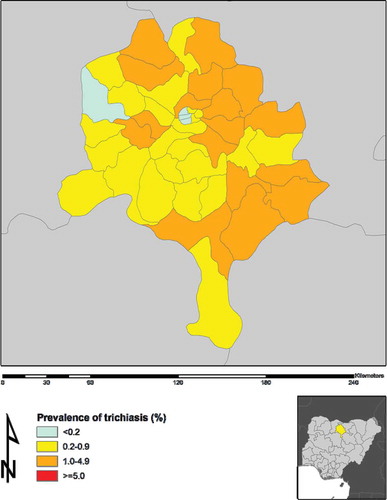 Figure 2. Prevalence of trichiasis in adults, by Local Government Area, Kano State, Nigeria, Global Trachoma Mapping Project, May–July 2013.