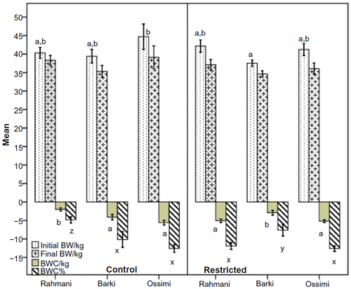 Figure 2 Initial BW, final BW, BWC/kg (final BW – initial BW), and BWC% (BWC/initial BW × 100) in control and diet-restricted Barki, Rahmani, and Ossimi ewes.