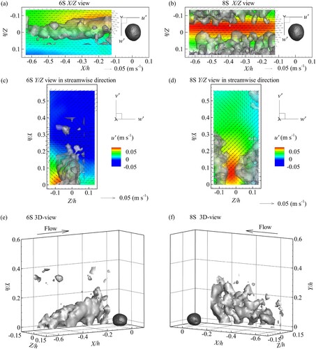 Figure 9 Comparison of the coherent structures based on the approximated vector fields between test 6S and 8S. Grey iso-surfaces correspond to the Qc = 1 (s−2) and the vectors correspond to the approximated fluctuating velocities. Horizontal plane at a height of half the particle diameter (a) and (b), vertical plane view in streamwise direction one particle diameter upstream of the sediment particle (c) and (d) and 3D view with the flow direction from left to right (e) and from right to left (f) are shown. (f) shows just one of the two observed structures for a better visibility. Contours in (a), (b), (c) and (d) show the turbulent streamwise velocity u’ in m s−1. Note, that in (a), (b), (c) and (d) just every second vector is shown and a reference vector is given