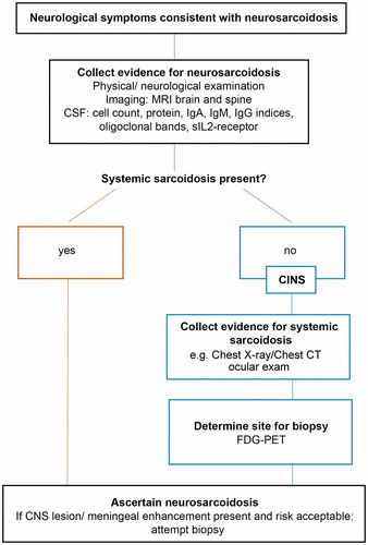 Figure 8. Suggested diagnostic path for neurosarcoidosis. From Wegener, S. et al. Clinically isolated neurosarcoidosis: a recommended diagnostic path. Eur Neurol. 2015;73:71–7, with permission from S. Karger AG, Basel. CINS = clinically isolated neurosarcoidosis.