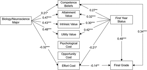 Figure 3. Path model illustrating significant relationships among variables. Reported coefficients are standardised. Correlations between motivation variables were included in the path model but are excluded from the figure for simplicity. *p < .05, **p < .01, ***p < .001.