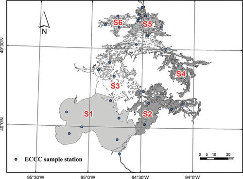 Figure 1. Map of Lake of the Woods showing major hydrologic zones (1–6) and sampling sites, 2008–2010.