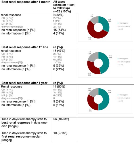 Figure 3. Renal response evaluation (IMWG renal response criteria) – Best renal response after one month, first therapy line and after one year.
