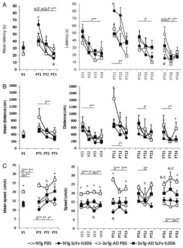 Figure 2. Effects of scFv-h3D6 on learning and memory in the cue learning and the place task in the Morris water maze. Results are expressed as means ± SEM. The left panels illustrated the day-by-day long-term memory results obtained as mean latency (A) to reach the platform, the mean distance covered (B) and the swimming speed (C) during the cue learning (V) and the place task (PT). The right panels depict the results obtained in each trial of the test which involve long- and short-term learning and memory. As shown by the statistics, time (t), genotype (G) and treatment (T) effects were found in both long and short-term learning and memory results ***, p < 0.001, ** p < 0.01, * p < 0.05, Post-hoc Duncan’s test, * p < 0.05 non-treated 3xTg-AD mice vs all the other groups, a p < 0.05 vs the non-treated animals of the same genotype, b p < 0.05 vs the other genotype with the same treatment conditions, c p < 0.05, vs the non-treated 3xTg-AD mice.