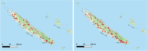 Figure 5. Carte du réseau hydrométrique de Nouvelle-Calédonie en (a) 1980, (b) 2020.