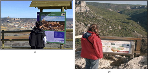 Figure 5. Molina de Aragón, Spain: Visitor information board, currently present the information about the castle (a) and its landscape (b) in an unintegrated fashion on two separate explanatory boards (almost 30 km apart). (Photos: Manolo Monasterio, Director of Geoparque de la Comarca de Molina de Aragón-Alto Tajo and Museos de Molina.).