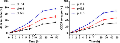 Figure 4 In vitro release of drugs in PBS buffers of different pH values.