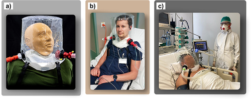Figure 17 Variants of preliminary tests of developed helmet equipped with 3D printed fitting elements: (a) tests with the phantom model, (b) tests with student volunteers, (c) Preliminary clinical tests with patients.