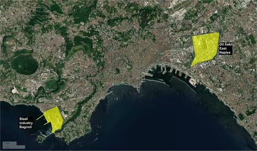 Figure 2. Map of Naples today with indication of the industrial areas. Both the still industry and the oil refinery have been closed down in the 80s.