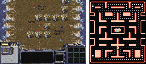 Fig. 1. The screenshot on the left shows the 1 vs. 1 StarCraft map and highlights the area from which the Marine can harm the Zergling without immediate retaliation. The figure on the right shows the Pac-Man maze.