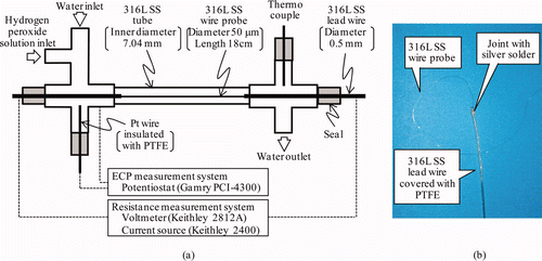 Figure 1. Schematic of in situ monitoring system. (a) Schematic of test section and measurement systems and (b) photo of wire probe connected with lead wire.