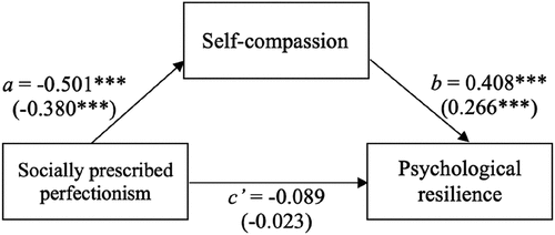 Figure 2. Model showing self-compassion as the mediator in the relationship between socially prescribed perfectionism and psychological resilience.