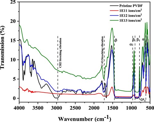 Figure 3. FTIR spectra comparison of pristine PVDF thin films and O- irradiated at three different fluences.
