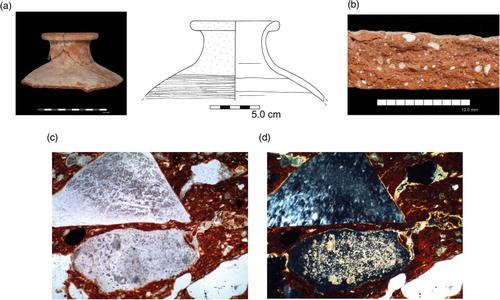 Figure 3 Imported pottery from Giza tombs: petrography Group 1 — Iron-rich, calcareous with chert, Fabric P200. Exemplar — Sample 1, Combed jar (MFA 13.5638), Tomb G 4240, early–mid 4th Dynasty.a. MFA 13.5638 (Photo © 2019 Museum of Fine Arts, Boston, photo and drawing K. Sowada).b. Sherd fracture (photo K. Sowada).c. Thin-section at plane-polarised light (PPL), 100x magnification (micrograph M. Ownby).d. Thin-section at cross-polarised light (XPL), 100x magnification (micrograph M. Ownby).Thin-sections show chert inclusion at top, decomposing limestone inclusion at bottom, quartz grain at lower right.