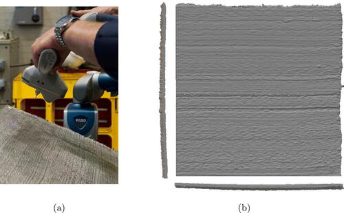 Fig. 2 Laser scan of 3D-printed steel sheet. (a) Photograph of the handheld scanning equipment. (b) Orthographic projection of (a portion of) the scanned sheet, which will be called a panel. The notional thickness of the panel is 3.5mm. [Observe the residual stress induces a slight curvature in the notionally flat panel.]
