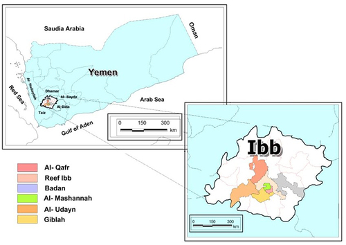 Figure 1 Map of Yemen showing Ibb governorate and the six surveyed districts.