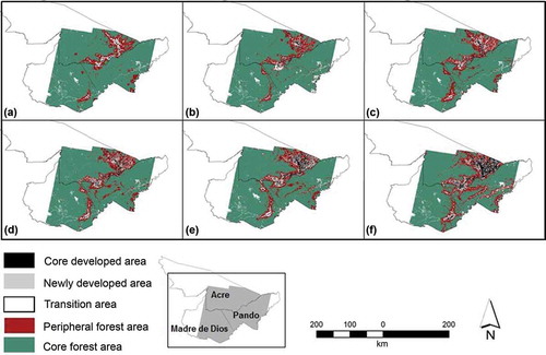 Figure 4. The results of the ISO clustering analysis in the MAP region from 1986 to 2010, using the migrating means clustering algorithm (also known as the ISO cluster) which is based on the similarity of Pn (fragmentation proportion) within nine window sizes. (a) 1986, (b) 1991, (c) 1996, (d) 2000, (e) 2005, and (f) 2010.