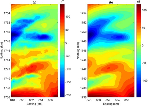 Figure 7. Upward continuation maps of the RTE aeromagnetic data (Figure 2b): (a) 100 m, (b) 500 m.