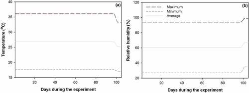 Figure 2. Dynamics of temperature (a) and relative humidity (b) during the culture of Prince Rupprecht’s larch (Larix principis-rupprechtii Mayr.) seedlings