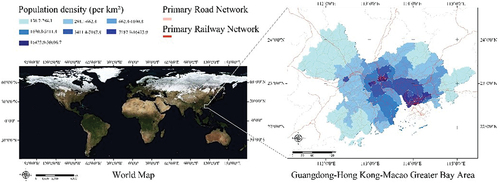 Figure 1. The population density and traffic network in GBA.
