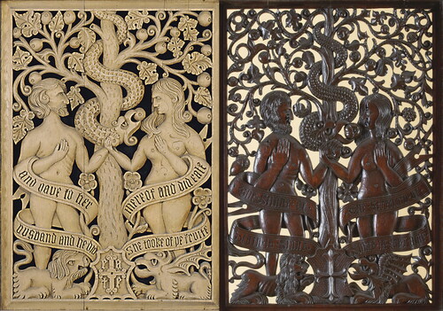 Fig. 15. George Shaw, detail of the central panel of the duke of Northumberland’s ‘Paradise Bed’ headboard, 1847, and the central panel of the ‘Henry VII and Elizabeth of York Marriage Bed’Courtesy of Christie’s and The Langley Collection, Hexham