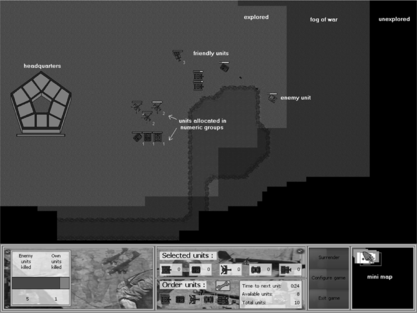 FIGURE 4 The main frame shows units’ composition and locations of the blue army in a small area of battlefield where one enemy unit from the red army is intruding on the border of the fog of war. The bottom-left corner records the unit statistic in both armies and the bottom-right corner presents a mini-map. The mini-map zooms out the whole battlefield and exhibits the location of the currently explored area(with the red rectangular frame). Users can zoom in any area in the mini-map.