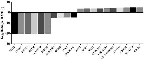 Figure 5. Compared with healthy control, top 10 DNA-methylated regions (DMRs)-related genes which the DNA methylation level significantly increased or decreased in B cells of AIHA patient.