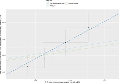 Figure 2 Scatter plot of the causal effect of social isolation on osteoarthritis. The plot presents the effect sizes of the single nucleotide polymorphism (SNP)-social isolation association (x-axis, standard deviation units) and the SNP-osteoarthritis association (y-axis, log (odds ratio)) with 95% confidence intervals. The regression slopes of the lines correspond to causal estimates using the three Mendelian randomization methods.