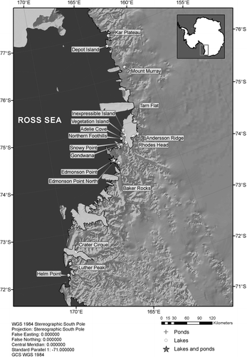 FIGURE 1 Study area and sampling sites (from the Antarctic Digital Database [SCAR 1993–2006] for the coastline and the Antarctic Geospatial Information Center (AGIC) of the National Science Foundation for the digital ground model, modified).